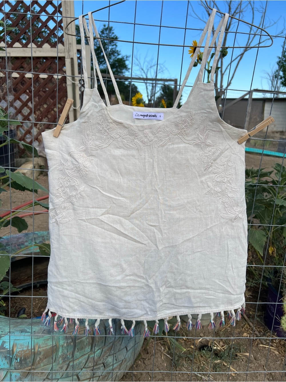 August Winds Cream Embroidered Tassel Hem Boho Beachy Top 55 percent Cotton